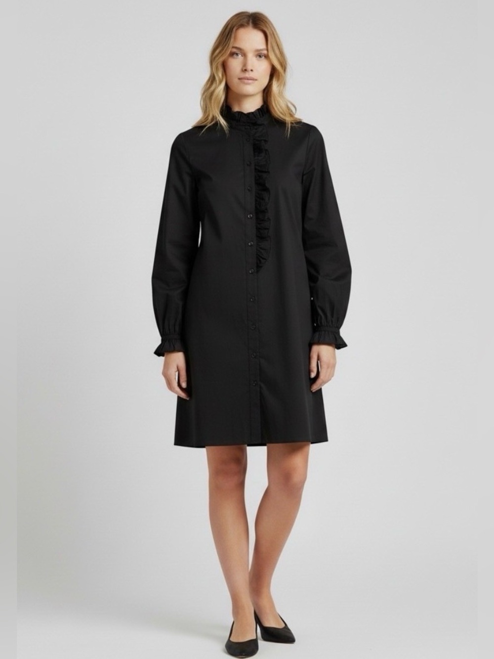 J.CREW | Cottage Ruffle Front Shirt-Dress in Cotton Poplin Size 12 Black BP840